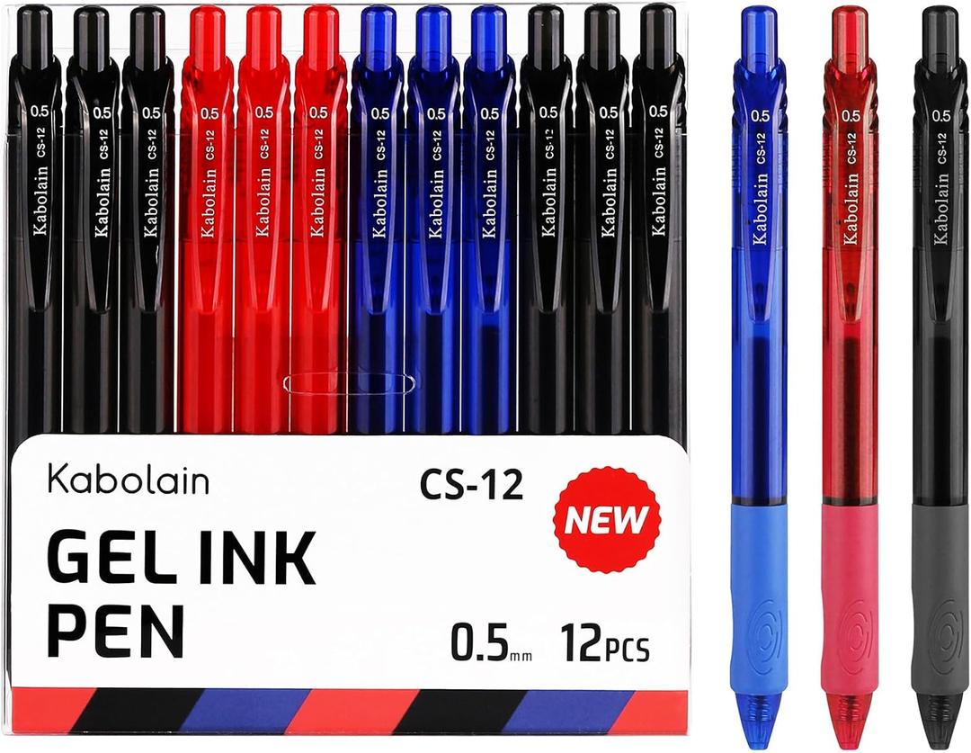 12 Pack Gel Ink Pens, 0.5mm Retractable Ballpoint Pens(Black/Blue/Red), Fine Point Smooth with Soft Grip, Office School Supplies for Writing Men/Teacher