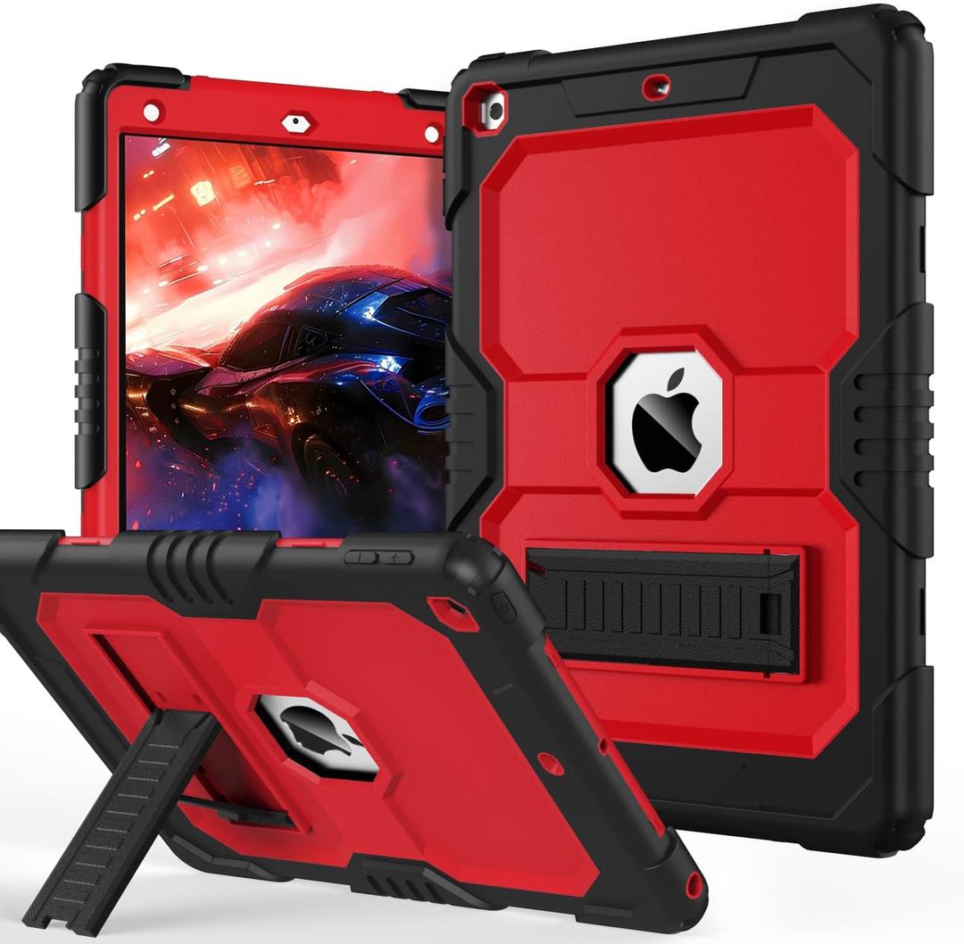 OKP Case for iPad 9th/ 8th/ 7th Generation (2021/2020/2019), Heavy Duty 10.2 inch iPad Shockproof Rugged Protective Cover with Built-in Stand, iPad 9 8 7 Gen Cases for Kids Girls Boys, Black+Red