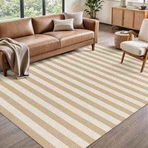 Rugalia Washable Woven 5x7 Area Rug, Khaki Striped Cotton Living Room Rugs Low Plie Non-Slip Bedroom Rug, Modern Farmhouse Neutral Floor Carpet for Dining Room Balcony Outdoor Patio