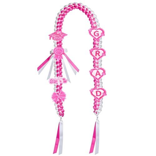 Graduation Lei Class of 2026, Double Braided Ribbon Lei with Letter Charms & Tassel, Graduation Leis Necklace for Grad Party Decorations Gift, Pink and White