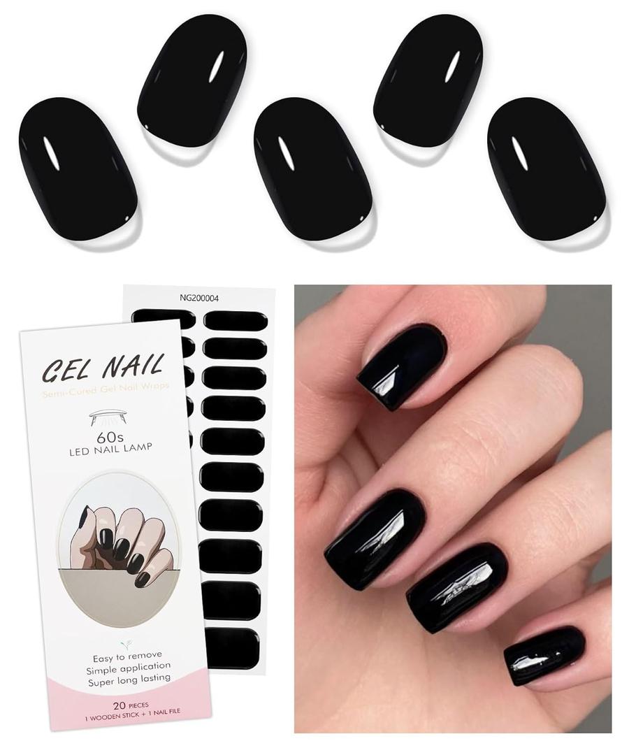 JMEOWIO Semi Cured Gel Nail Strips Black Halloween Gel Nail Stickers Nails Art Design Decoration Accessories