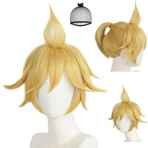 IMEYLE Blonde Yellow Cosplay Wig Short Blonde Ponytail Wigs with Bangs Short Blond Wigs for Halloween Party Yellow Twins Cosplay for Anime Costume Outfit+Hair Cap