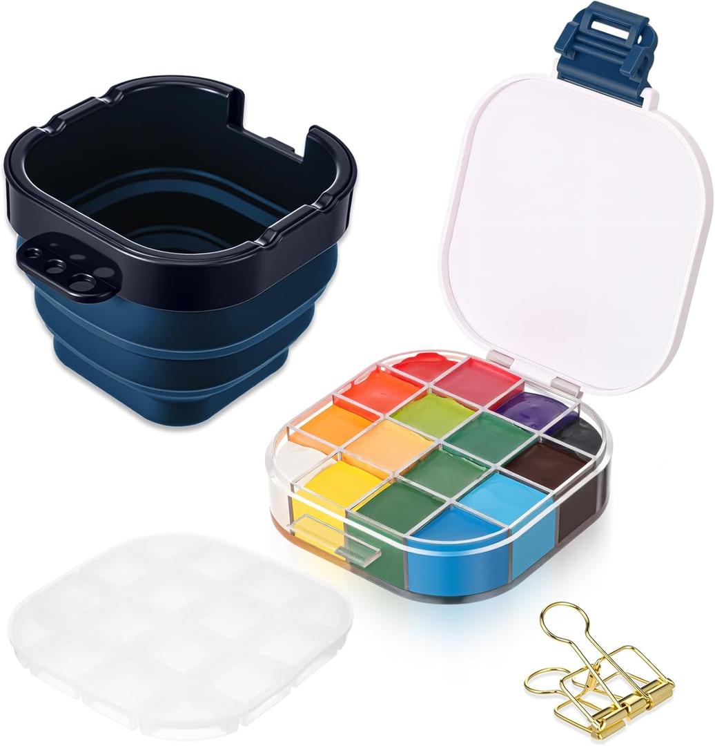 Airtight Acrylic Paint Palette with Lid 16 Well Storage Box Tray Paint Storage Container Saver with Fixing Clips Collapsible Brush Basin for Gouache Acrylic Watercolor and Oil Art Supplies(Blue)
