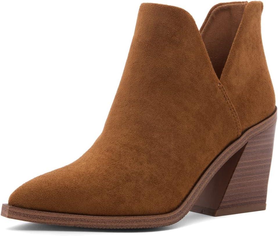 Shoe Land Mingo Women's Ankle Booties Chunky Stack Heels V Cutout Boots Pointed Toe Back Zipper Slip on Shoes (7, Tan)