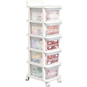 Wesiti 5 Shelf Weekly Clothes Organizer Closet Daily Weekly Hanging Closet Organizer Shelves Plastic Clear Clothes Storage with Wheel Sticker for Bedroom Living Room Essential Stuff(Week,White)