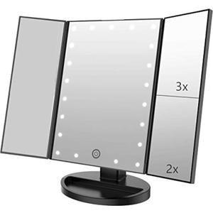 Trifold Makeup Mirror Vanity Mirror with Lights,1X 2X 3X Magnification,Touch Control, Adjustable Rotation, Dual Power Supply, Portable Travel Cosmetic Mirror, Birthday Gifts for Women, Teen Girls (Black)