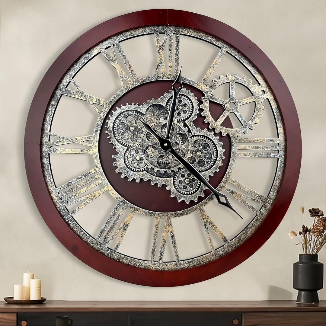 HOIBAI Large Wall Clock, Wall Clocks for Living Room Decor 30 Inch Farmhouse Vintage Rustic Kitchen Wall Decor Vintage Roman Oversized Wall Clock for Home Bedroom House , Moving Gears Clock (Black Walnut)