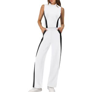 XIEERDUO Two Piece Sets for Women Summer Outfits Travel Mock Neck Lounge Sets Wide Leg Pants Beach Vacation Clothes (Small, White+black)