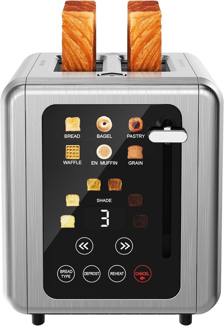 Touch screen Toasters 2 slice, Stainless Steel Digital Timer Toaster with Sound Function, 6 Bread Types & 6 Shade Settings, Smart Extra Wide Slots Toaster with Bagel, Defrost Functions (silver)