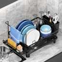 Dish Drying Rack, Compact Dish Racks for Kitchen Counter with Sponge Rack, Space-Saving Dish Drainer Drying Rack with Drainboard, Utensil Holder, and Automatic Drainage Drainboard, Black