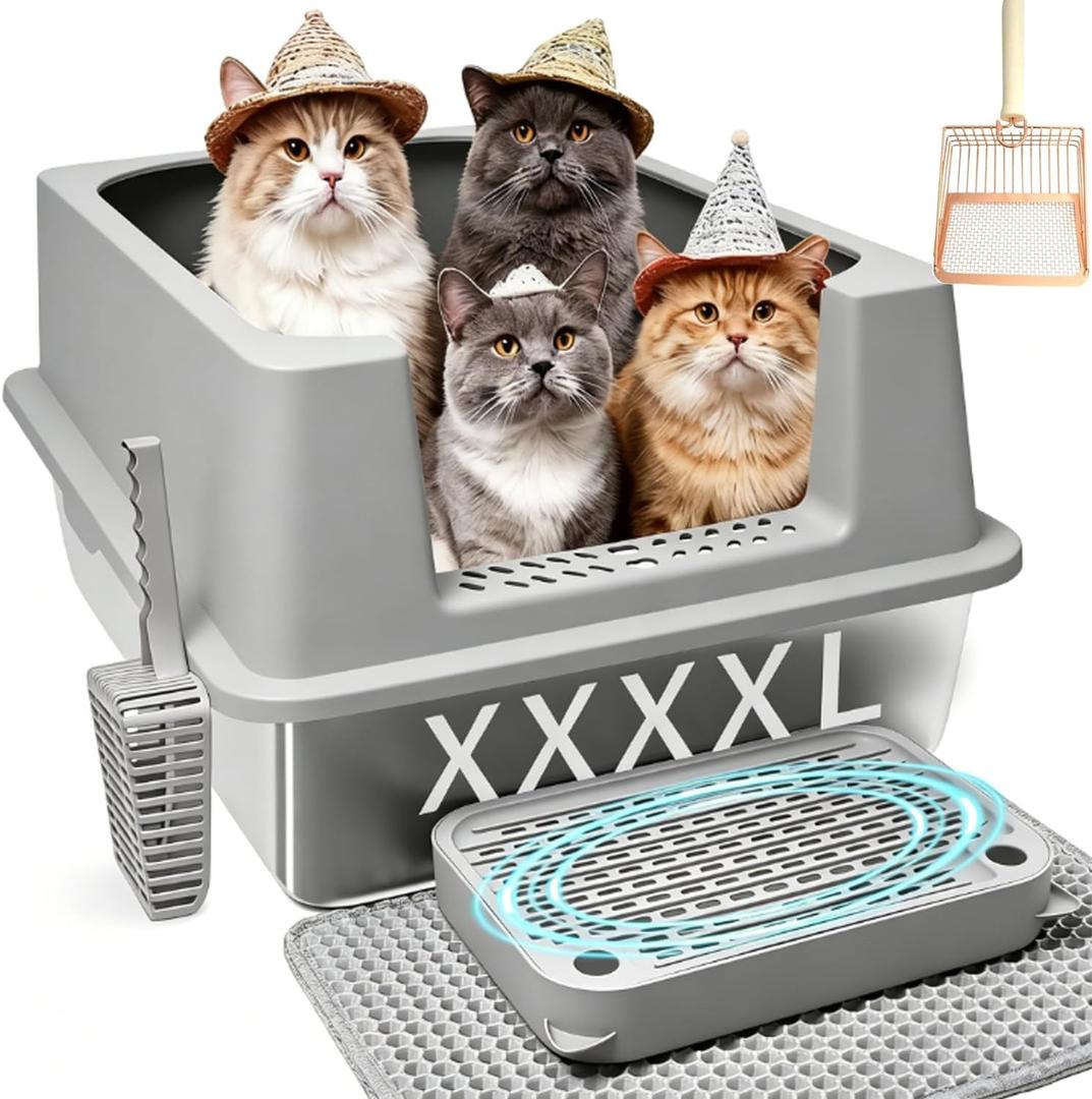 XXXL Stainless Steel Cat Litter Box 28.5" x 20" x 12.5" with High Sides, Litter Mat, Foot Pad, Removable Lid and Litter Scoop for Big, Overweight and Multiple Cats - Non-Stick & No Odor