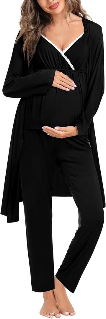 SWOMOG Maternity Nursing Robe Set 3 Piece Breastfeeding Pajamas 3 in 1 Labor Delivery Sleevless Tops&Long Pants Pregnancy Pjs (XX-Large, Black)