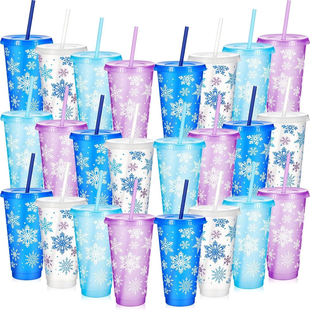 Chuangdi 24 Set Snowflakes Plastic Cup Bulk Christmas Cups with Lids Straws 24 oz Christmas Reusable Party Cup Coffee for Hot Cold Beverage Drinking Party Winter Birthday Supplies (Mixed Color)