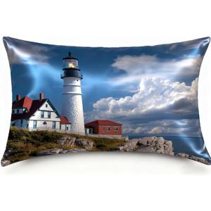 1 Pack Satin Pillowcase for Hair and Skin Lighthouse by The Sea Imitation Silk Pillowcase with Hidden Zipper Soft Breathable Pillow Cover Standard Size for Bedroom Sofa 20x26