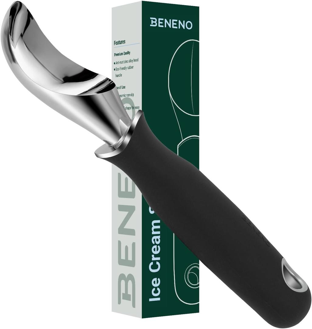 Beneno Heavy Duty Ice Cream Scoop - Upgraded Anti-Fracture Design, Comfortable Grip Long Handle, Effortless Scooping & Dishwasher Safe, Black