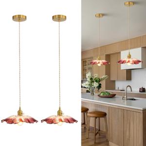 GloMuse Pendant Lights Kitchen Island Glass Vintage Hanging Light Fixture Purple Flower Light E26 Gold Lights for Bedroom Kitchen Hallway Light Fixtures Bathroom Purple Sunflower Light 2 Pack