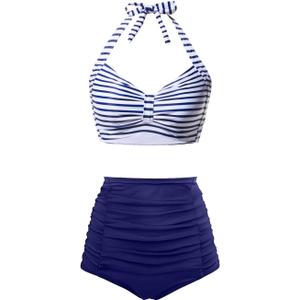 Holipick Women High Waisted Bikini Set Two Piece Swimsuit Tummy Control Bathing Suit Vintage Halter Swimwear (Medium, Blue Stripe)