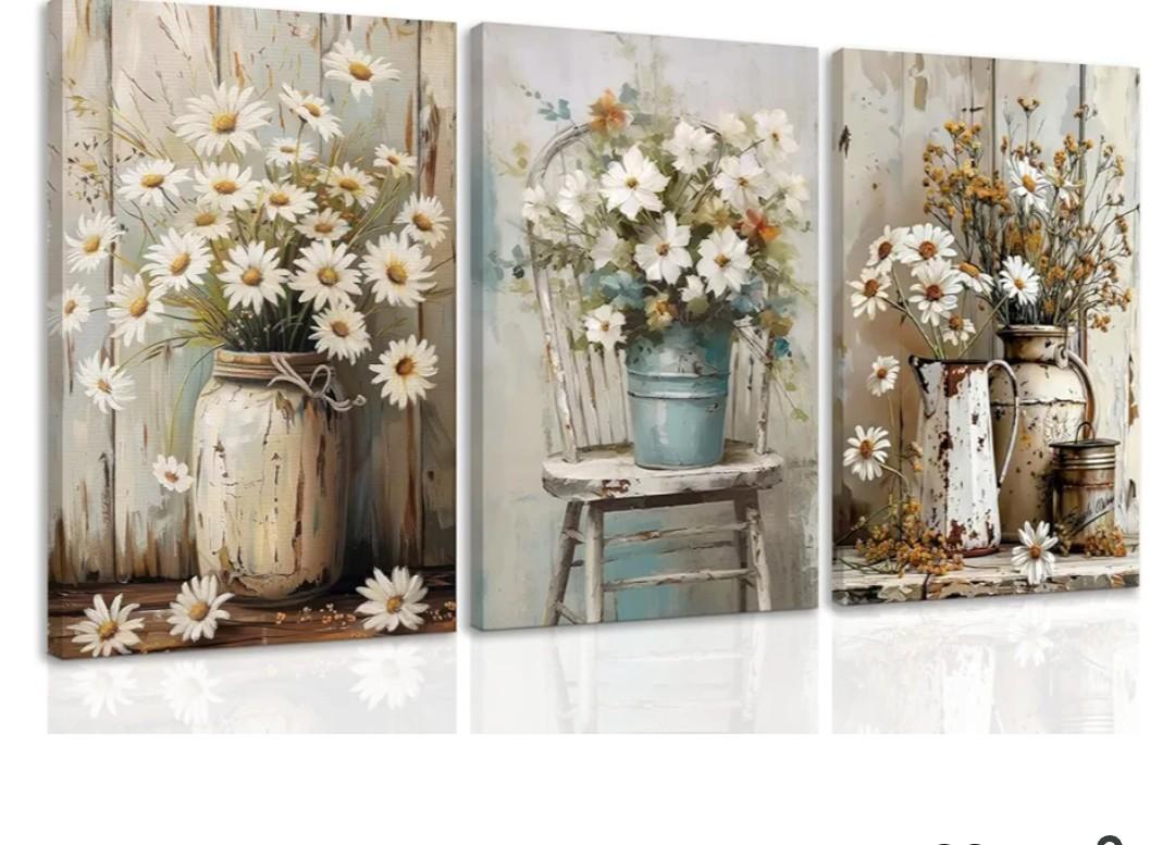 DUWQU 3 PCS Elegant Farmhouse Canvas Wall Art, Vintage Floral Pictures Wall Decor, Nature Themed Daisy Art Prints for Living Room Bedroom Kitchen and Office Ready to Hang 12×16 Inches