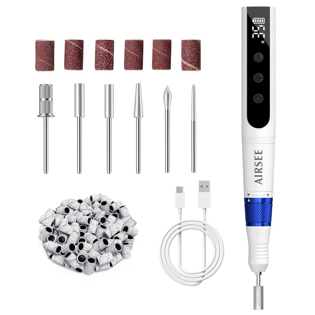 AIRSEE Master Cordless Electric Nail Drill Machine, 35000 RPM Stepless Speed, Professional Rechargeable Nail File Set with LED Display, Portable E-File Dremel Kit for Salon,Blue