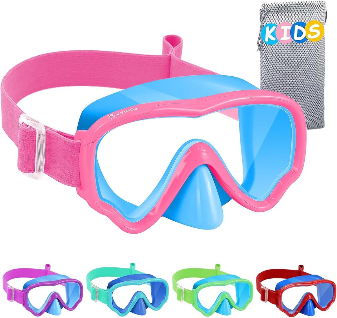 Vvinca Kids Swim Goggles with Nose Cover, Snorkel Diving Mask Fabric Strap Anti Fog Anti Shattered Lens Goggles for Kids 3-15 (01-pink Blue)