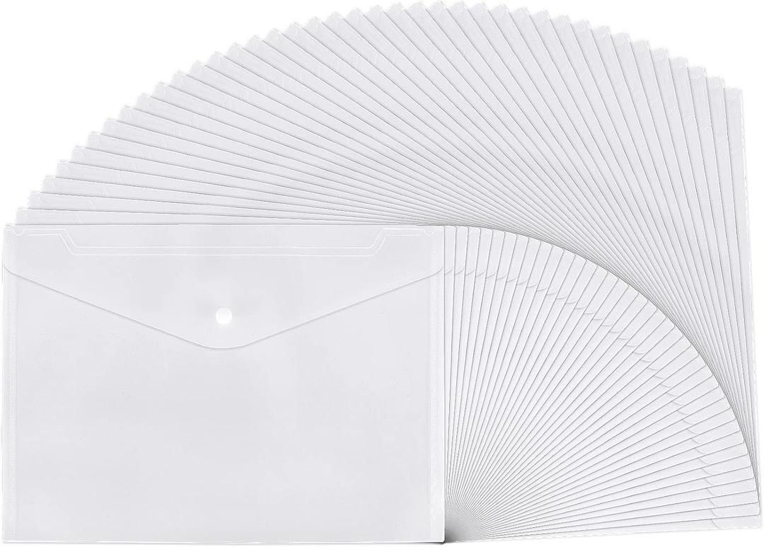 40pcs Clear Plastic Envelopes Folder, Poly Waterproof File Folder with Button Closure, US Letter A4 Size