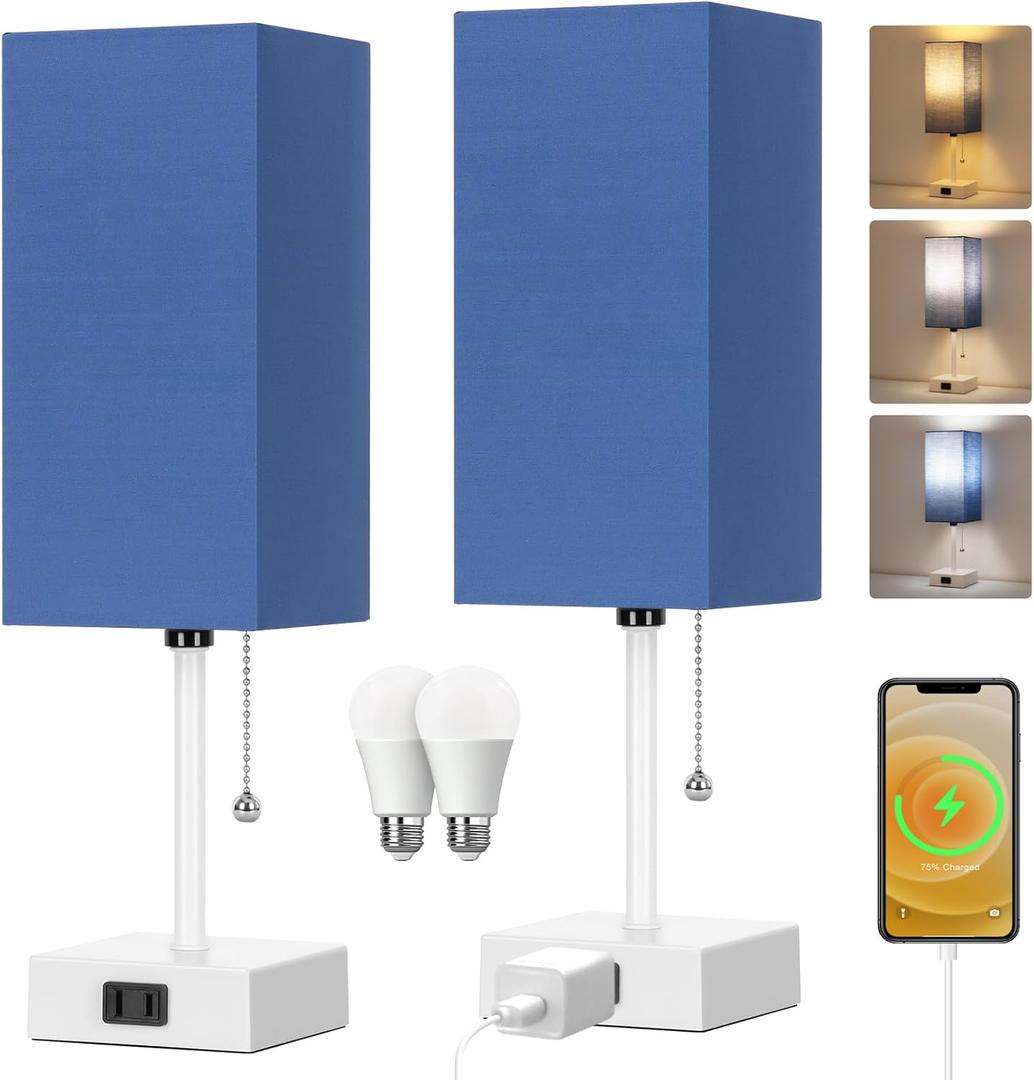 Table Lamp for Bedroom set of 2,3-Color Bedside Lamps with Pull Chain Table Lamps for Nightstand with AC Outlets,Small Night Light Lamps with 2 Bulbs Lamps for Living Room Kids Room Office DecorBlue (15inch)