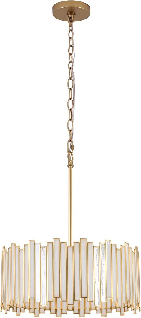 Gold Drum Chandelier 4-Light, Modern Drum Pendant Lighting Fixture with Tiffany Glass Shade, 16 Round Ceiling Hanging Light for Bedroom Dining Room Kitchen Entryway Living Room (Gold)