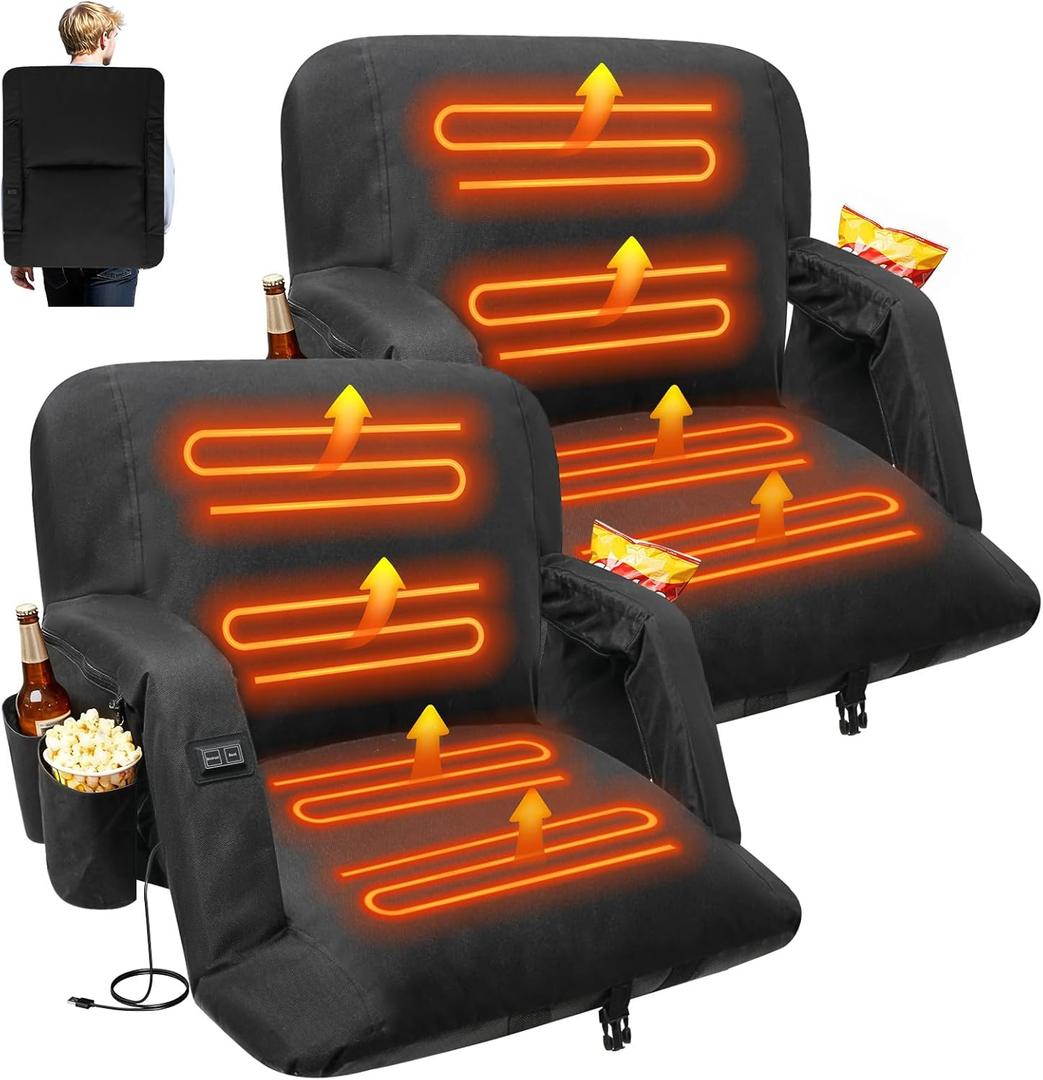 DEKEMASTER Heated Stadium Seats for Bleachers with Back Support Exclusive Sofa Style Design with Extra Thick Back and Cushion, 23inch Bleacher Chairs, 6 Reclining Positions for Sport Events Camping