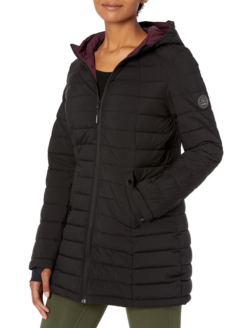 HFX Women's Stretch 3/4 Lightweight Puffer Jacket Welt Hand Pockets Knit Cuff with Thumbhole Water Resistant 32" Coat, Black, Large