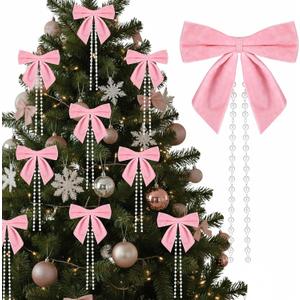 Chuangdi 24 Pcs Pink Velvet Bows Christmas Tree Decorations with Pearls Chain Coquette Xmas Ornaments Pink Bows Garland Decor for Christmas Tree, Wreath, Gift Wrapping, Birthday Party, Holiday Decor