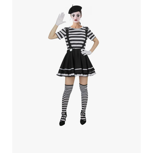 Adult Women French Mime Costume Outfit Girls Paris Artist Halloween Cosplay Shirt Dress Beret Socks Gloves Suit Set L