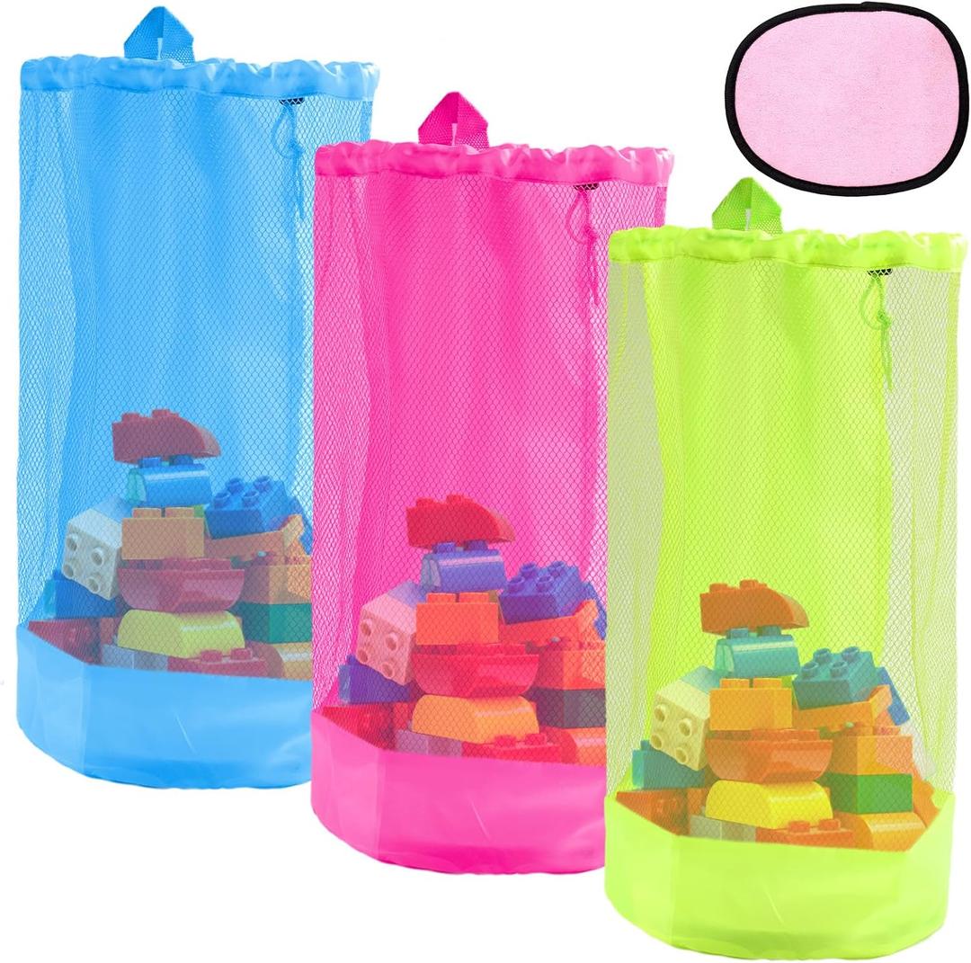 4pcs Mesh Drawstring Beach Toy Tote Bags Set, Include 3 Mesh Sand Pool Toy Backpack and 1 Sand Wipe-Off Mitt for Seaside Trip(Hot Pink, Blue, Fluorescent Green)Beach essentials