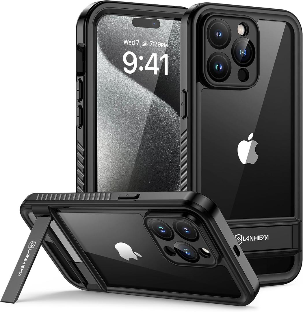 Lanhiem for iPhone 15 Pro Max Case with Kickstand, IP68 Waterproof Dustproof Built-in Screen Protector, Full Body Shockproof Protective Front and Back Cover for iPhone 15 Pro Max, 6.7 Inch (Black)