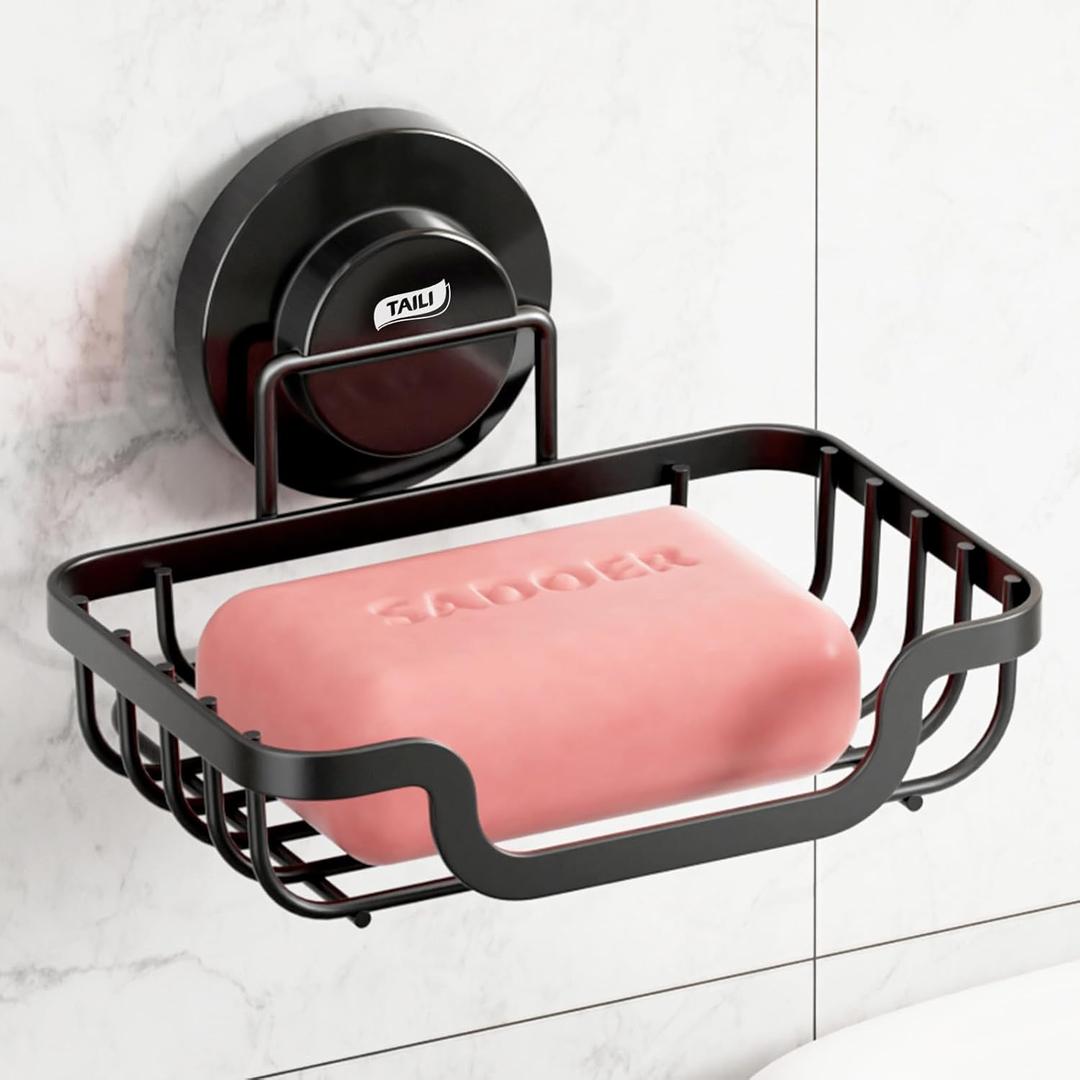 TAILI Soap Holder Bar Dish Suction Cup, Bar Shampoo Rack for Shower Wall, Draining Soap Saver Tray for Bathroom, Rustproof Stainless Steel Sponge Holder for Tub, Kitchen, Drill-Free, Black (1 Tier)