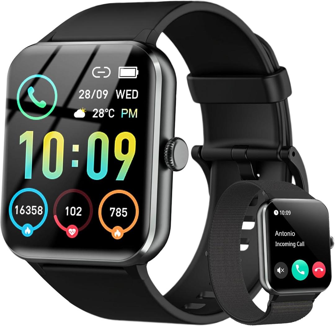 Smart Watch(Answer/Make Call), 1.85" Smartwatch for Men Women, 100+ Sport Modes, Pedometer, IP68 Waterproof Fitness Tracker, Heart Rate/Sleep Monitor, Smart Watches for Android & iOS (2 Straps) (R50 Black)