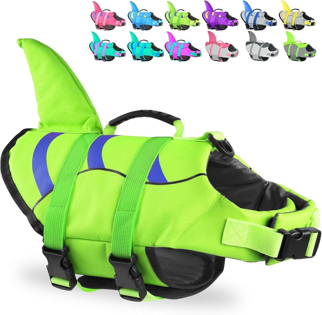 Fragralley Shark Fin Dog Life Jacket, High Buoyancy with Tear-Resistant Nylon of Dog Swim Vest, Pet Life Preserver for Small Medium Large Dogs, Puppy Float Vest for Swimming and Boating (Green-Wave Shark)