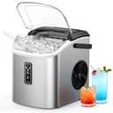 EUHOMY Countertop Ice Maker with Carry Handle, 26lbs/24H, 9 Cubes Ready in 6 Mins, Self-Cleaning, Portable Ice Maker Machine with Basket and Scoop, 2 Sizes of Bullet Ice for Home, Kitchen, Office (Silver)