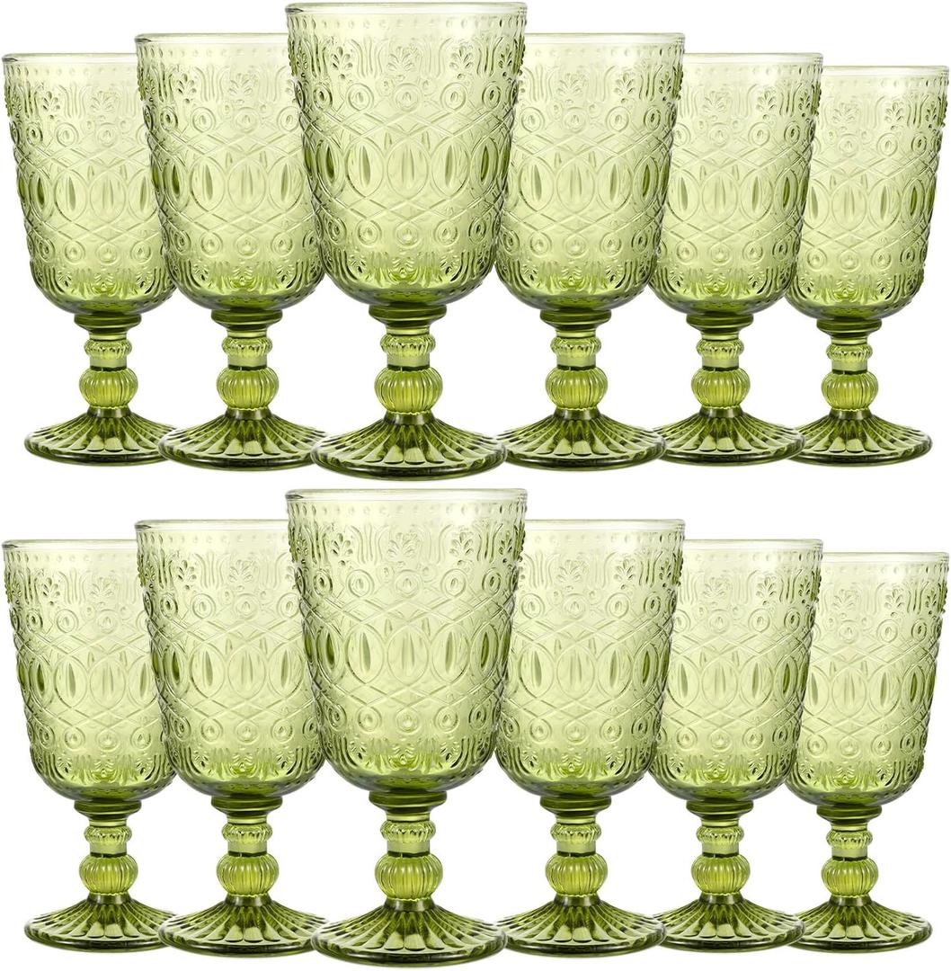 Eaasty Glasses Set of 12 Vintage Goblet 9 oz Vintage Colored Glass Goblet Beverage Stemmed Glass Cups Romantic Embossed Glassware for Wedding Party Holidays Anniversary (Green)
