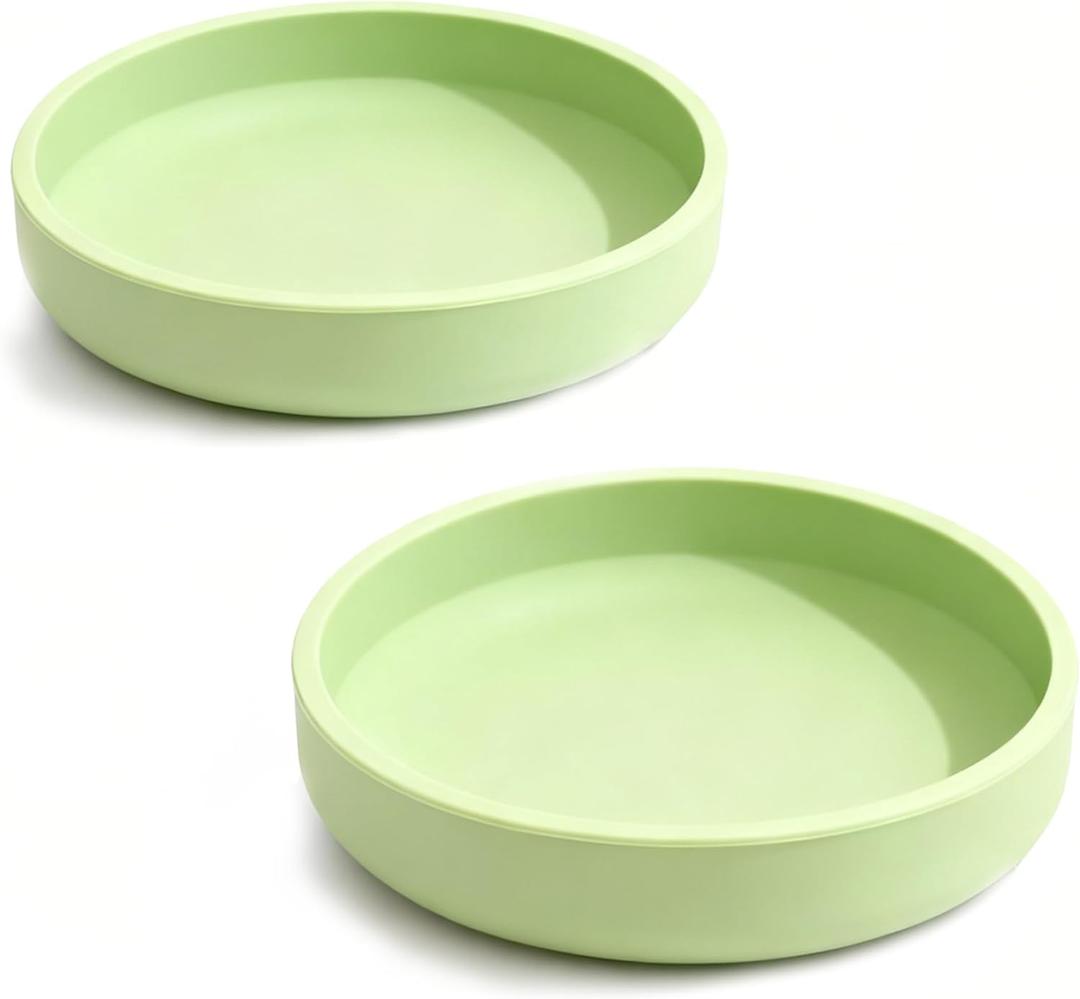 Silicone Cat Bowl Set of 2 Shallow Cat Dishes Small Non-Slip Pet Dog Bowls for Dry & Wet Food, Whisker Fatigue (Round Green)