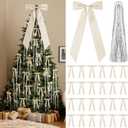 Shihanee Beige Christmas Bows Decor Set 1 Large Neutral Satin Christmas Tree Topper 24 Velvet Ribbon Bows with 3000 Strands Silver Tinsel Icicles Vintage Xmas Ornament for Holiday Wreath Gift Wrapping