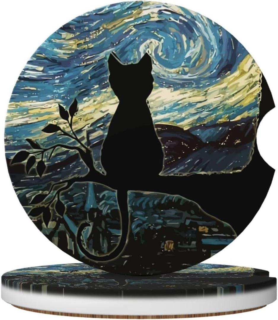 2 x Aesthetic Black Cat Car Coasters for Cup Holders,2 Pack Car Cup Holder Coasters for Car,Ceramic Absorbent Car Coaster with A Finger Notch and Cork Base,Car Interior Accessories for Women Men