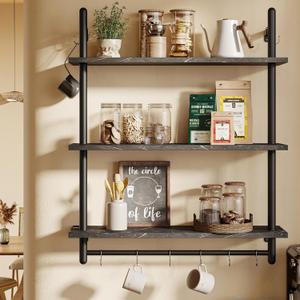 Bestier Floating Pipe Shelving, 31.5" Floating Kitchen Shelves Wall Mounted, 3 Tier Coffee Bar Shelf Ladder Bookshelf with Towel Bar Hooks for Kitchen Living Room Bathroom Bedroom, Black Marble