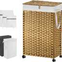 88L Slim Laundry Hamper with Wheels, 23.3 Gallon Rolling Laundry Basket with Lid, Tall and Narrow Laundry Hamper with 2 Removable Liner & 3 Mesh Laundry Bags, Laundry Sorter for Bathroom, Natural