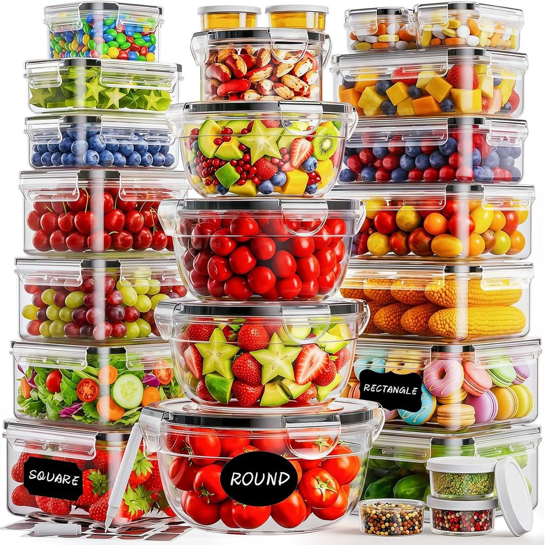 50 PCS Food Storage Containers with Lids (25 Containers & 25 Lids) - Reusable Plastic Food Containers for Kitchen Storage and Organization BPA-Free Leakproof Meal Prep Container with Labels & Pen
