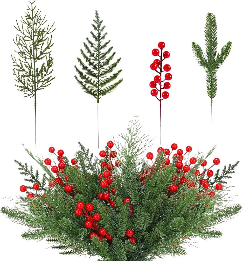 Gitechft 50 PCS Artificial Pine Branches Fake Greenery Pine Picks Artificial Red Berry Stems, Xmas Stems, Christmas Pine Needles for Wreath Decorations