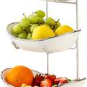 Ceramic Fruit Bowl for Kitchen Counter - 3 Tier Fruit Basket with Metal Stand, Tiered Fruit Stand for Countertop, Snack, Nuts, Cake, Dessert, Cute (Silver-rimmed, Small)