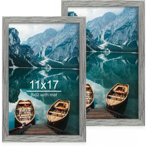 11x17 Frame Set of 2, Rustic Grey Wood Style - Display 11 x 17 Poster without Mat or 8x12 Picture with Mat, Wall Mounting Horizontal and Vertical (Natural Oak)