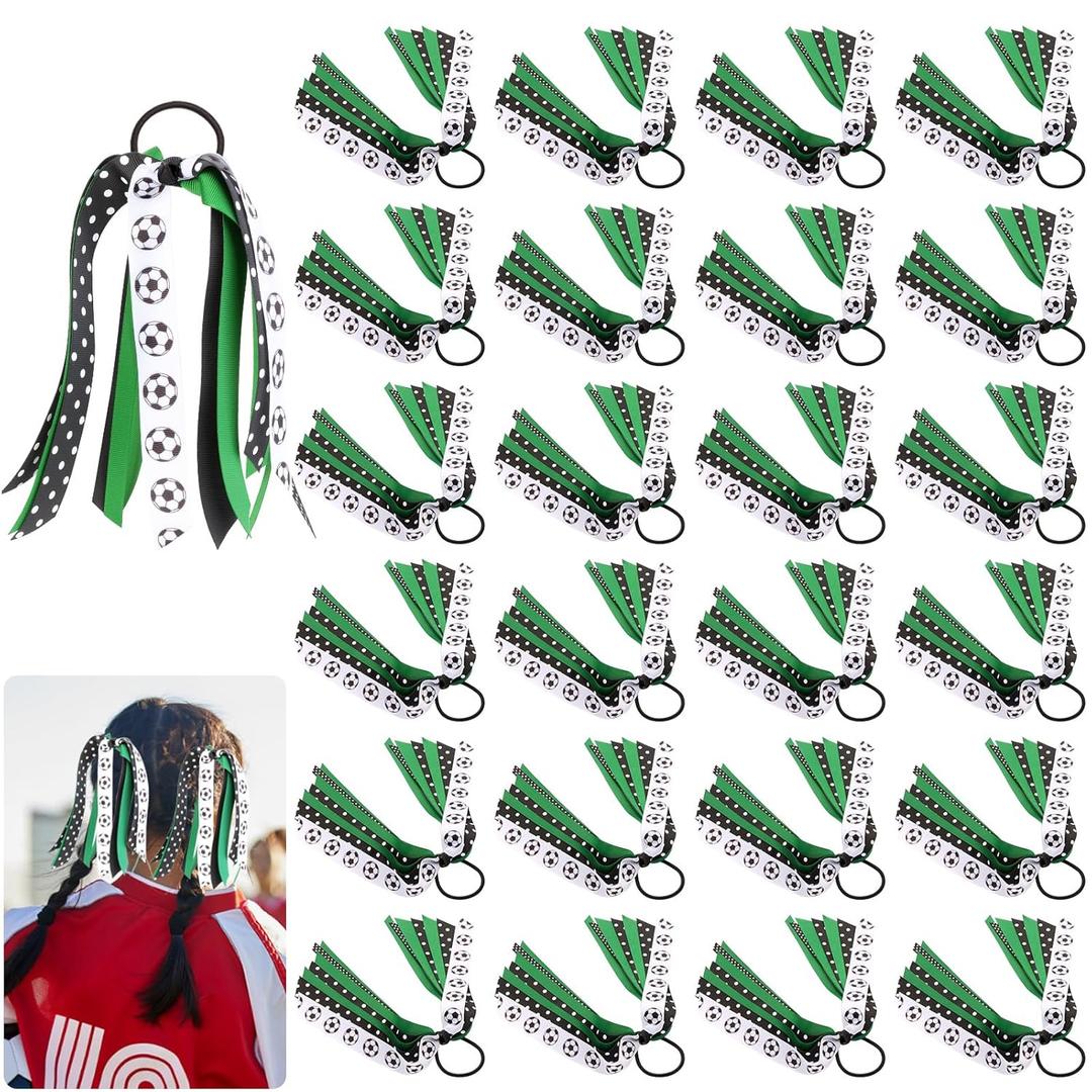 24 Pcs Soccer Hair Accessories for Girls, Holder Streamer Elastics, Soccer Hair Ties, Soccer Ribbon,Soccer Scrunchies for Girls Ponytail Holder Scrunchies Gifts (Green, 24 Count (Soccer))