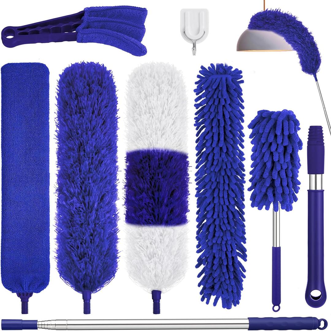 9PCS Dusters for Cleaning, Extendable Microfiber Duster with Extension Pole Up to 100'', Bendable Washable and Reusable Dusters Kit for Ceiling Fans, Blinds, High Ceilings, Furniture, Cars (Blue)