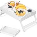 Breakfast Bed Tray for Eating - Foldable Food Laptop Table - Portable Bamboo Raised Serving Tray - Snack Platter with Folding Legs, Eating for Bedroom, Picnic, Sofa - White